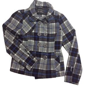 Wool Blend Plaid Pea Coat Medium Gray Navy Blue